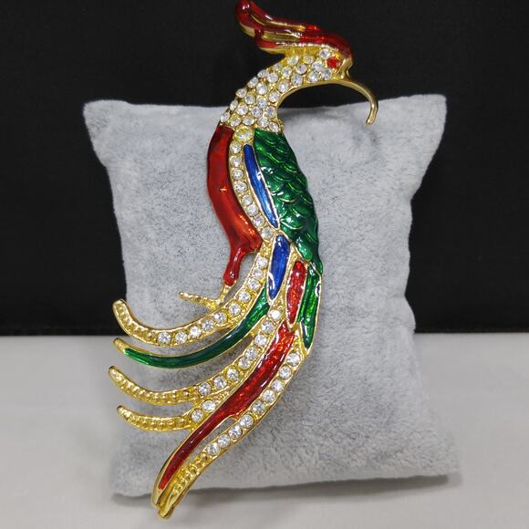 Vintage Large "Bird of Paradise" Brooch, Bright Enamel, Clear Rhinestones, 1990s - Picture 5 of 10